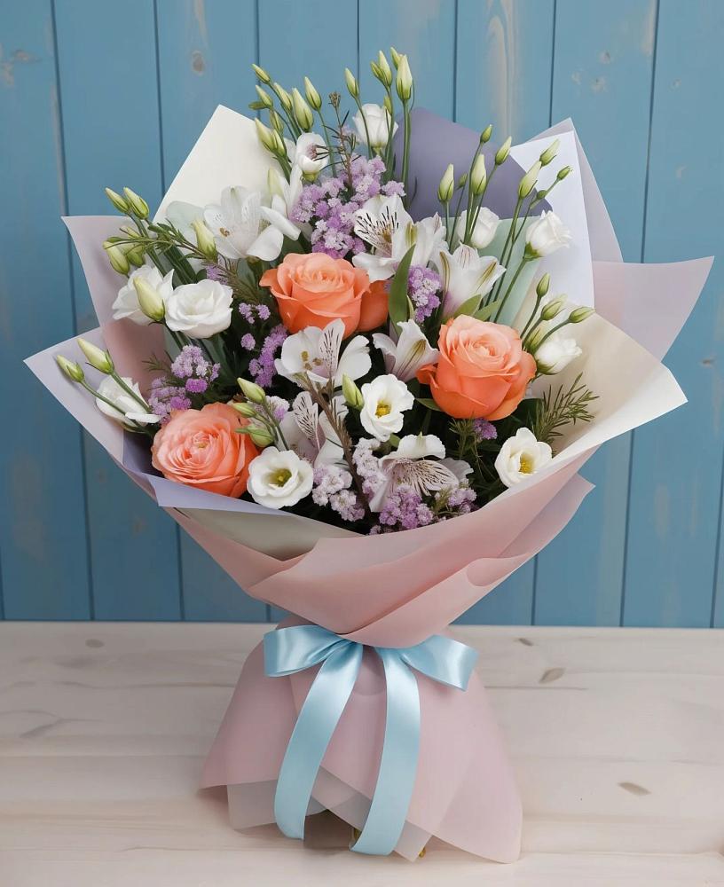 Букет цветов из: Лизиантусы, Розы, Альстромерии и Гипсофила в Волжанце