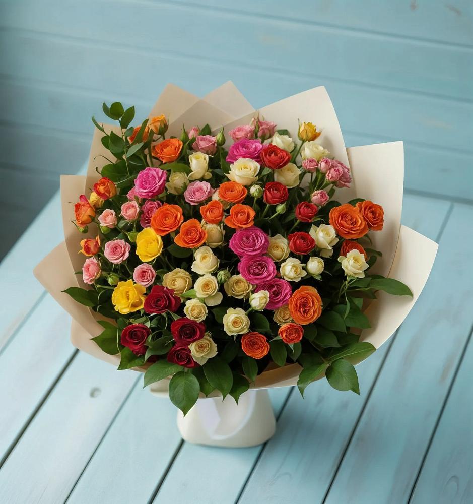 Букет Микс из разноцветных кустовых роз в Волжанце