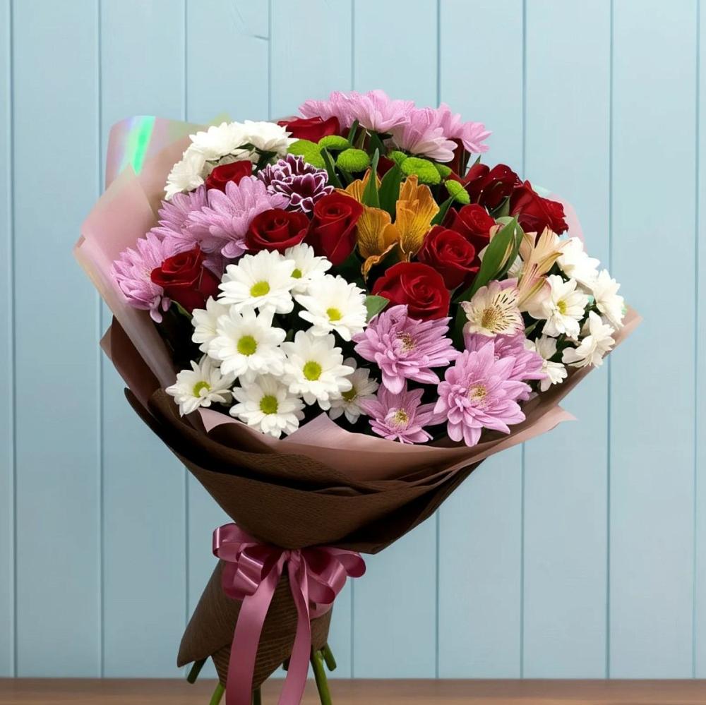 Букет цветов из: Розы, Хризантемы и Альстромерии в Волжанце
